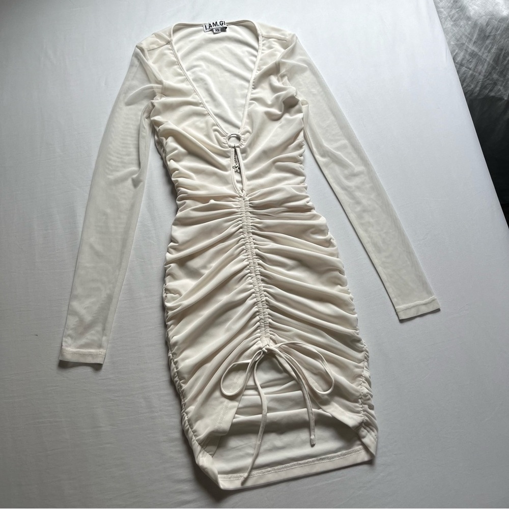 I Am Gia Off White Mesh Knit Ruched Bodycon Cutout Long Sleeve Mini Dress